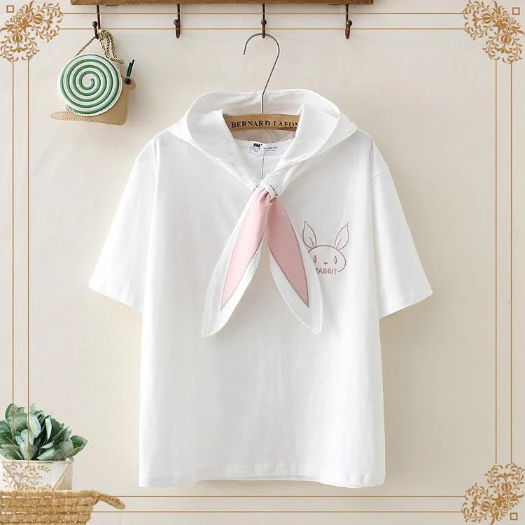 Women's Kawaii Bunny Ear Lace-up Rabbit Printed Tees With Hood