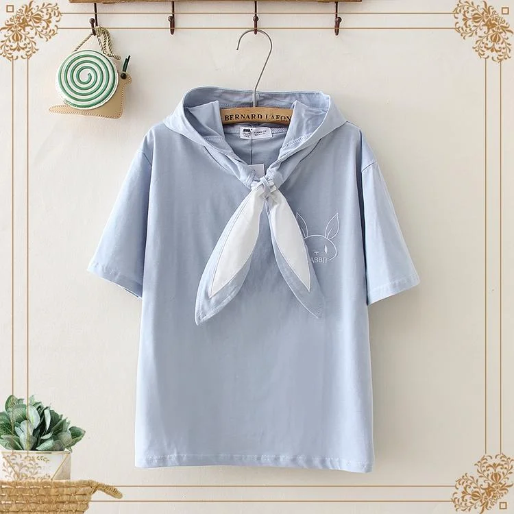 Women's Kawaii Bunny Ear Lace-up Rabbit Printed Tees With Hood