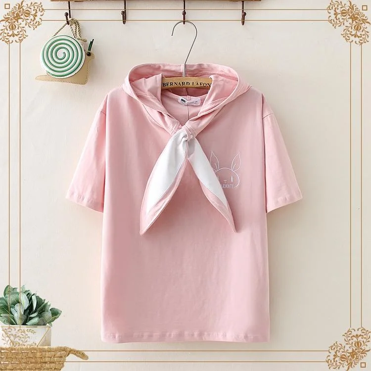 Women's Kawaii Bunny Ear Lace-up Rabbit Printed Tees With Hood