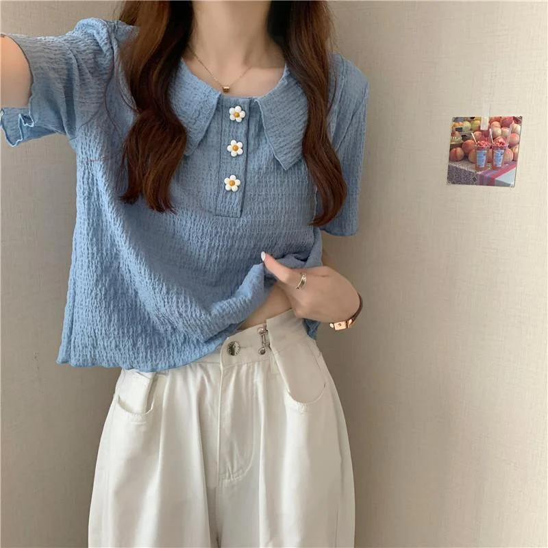 Women's Kawaii Doll Collar Flower Buttons T-shirt