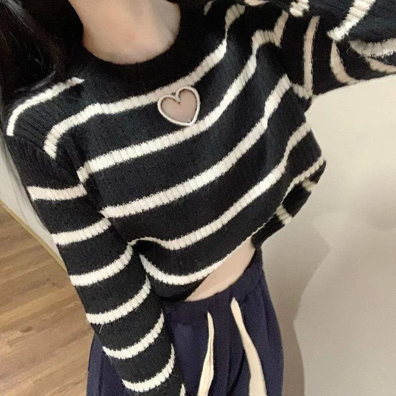 Women's Kawaii Heart Cutout Stripe Sweater