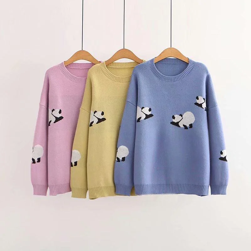 Women's Kawaii Pandas Pure Color Loose Sweaters