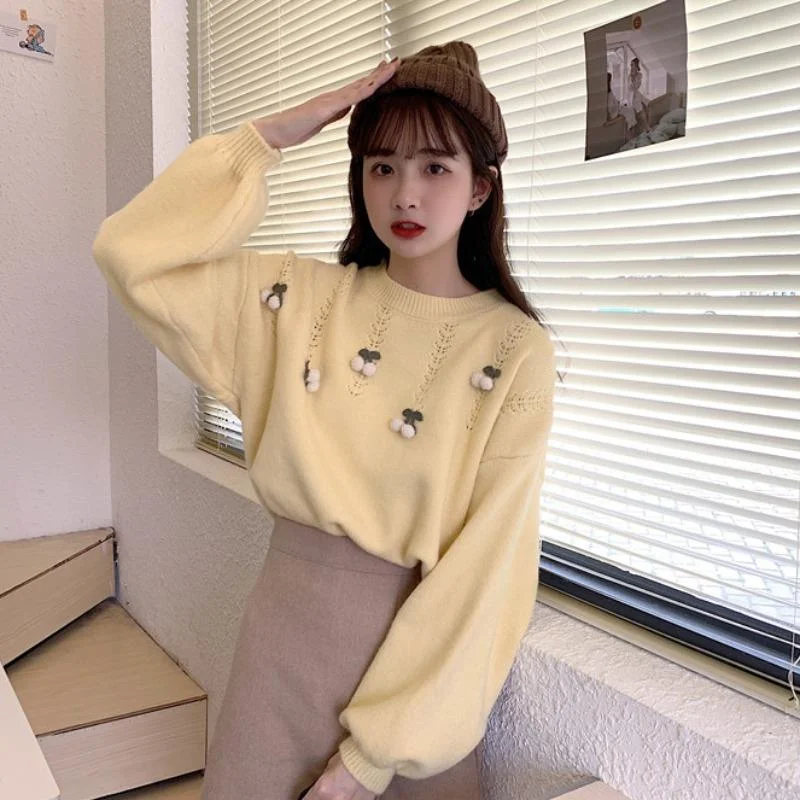 Women's Kawaii Puff Sleeved Cherry Knitted Sweater