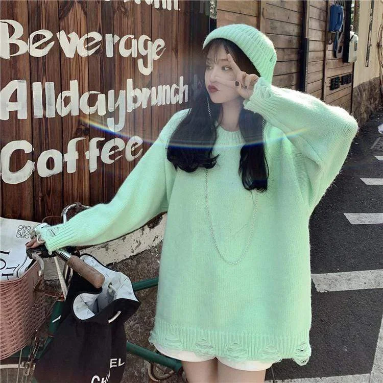 Women's Kawaii Solid Color Ripped Loose Sweater