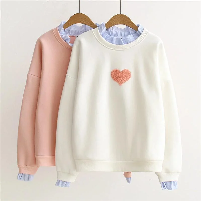 Women's Korean Fashion Hearts Stitching Pure Color Loose Sweaters Splicing Shirts