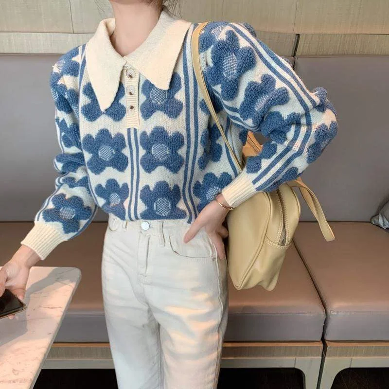 Women's Korean Style Floral Knitted Sweater