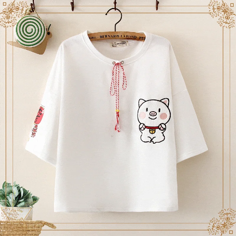 Women's Sweet Pig And Lantern Printed Tees With Drawstring 